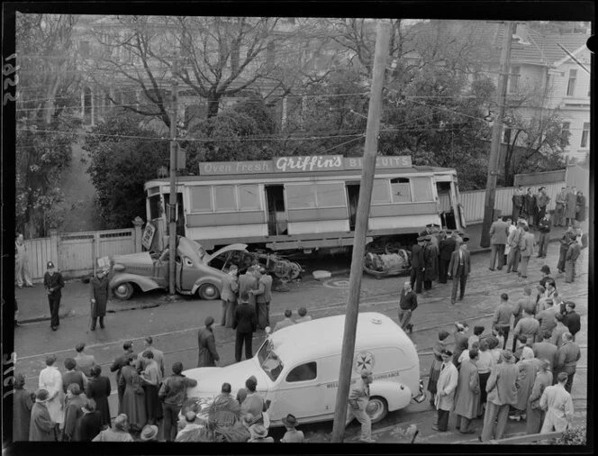 1955 - Aro Rd / Willis St tram vs car; no injury details.